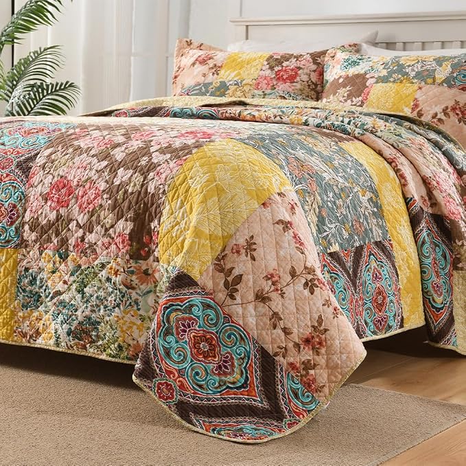 ENASAL Cotton Bedspread Quilt Sets Reversible Bedding Coverlet Sets Luxury Vintage Rustic Gorgeous Paisley Floral Yellow Real Patchwork Bedspread, King Size