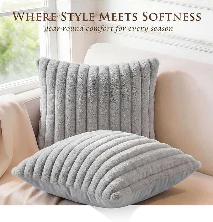 Pack of 2 Throw Pillow Covers 20x20 Decorative Solid Plush Faux Fur with Soft Velvet Back, Square Striped Cushion Cases Modern Farmhouse Home Decor for Living Room Couch Sofa Bed Neutral Gray