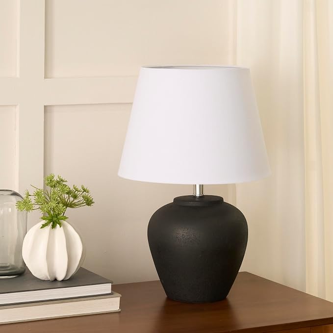 Nourison Home 20" Black Matte Ceramic Table Lamp with Fabric Shade, Bedside Nightstand Lamp for Bedroom, Living Room, Entryway
