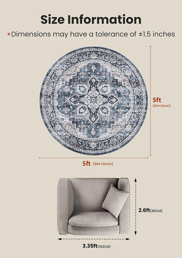 AMADA HOMEFURNISHING Round 5ft Area Rugs, Low-Profile Washable Rug with Non-Slip Backing & Durable Edge Binding, Vintage Rugs for Living Room, Bedroom, Dinning Room