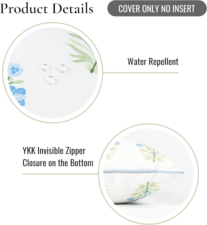 Hofdeco Premium Coastal Patio Indoor Outdoor Throw Pillow Cover Only, 18"x18" Water Repellent for Backyard, Couch, Baby Blue Green Floral with Piping (Pack of 2)