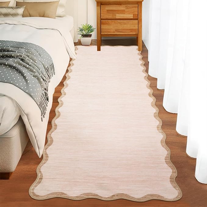 GarveeHome Scalloped Washable Runner Rug 2x6 Non Slip Kitchen Rugs, Beige | Modern Beige Indoor Entryway Rug Farmhouse Soft Bath Mat Stain Resistant Carpet for Bedroom Hallway Laundry 2 ft x6 ft Beige