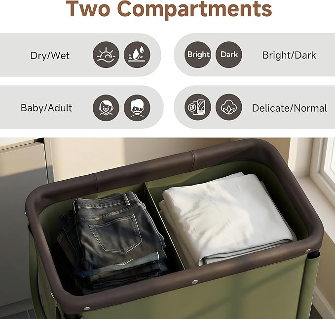 StorageWorks 2 Section Laundry Hamper, 100L Green Sorter Cart with Wheels | 2 Section Laundry Hamper with Wheels, Green Sorter Cart, Rolling Organizer for Bedroom, Bathroom, Apartment