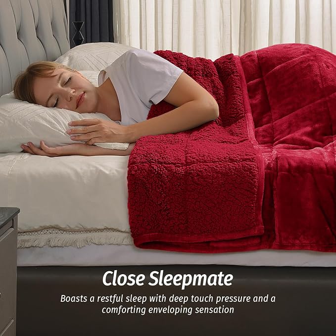 Sherpa Fleece Weighted Blanket for Adult 15lb Queen 60"x80" Burgundy | Deep Pressure Wraps, Relax Body & Mind, Better Sleep, Dual Sided Cozy Heavy Blanket, Soft Plush Flannel Top, Ideal Gift