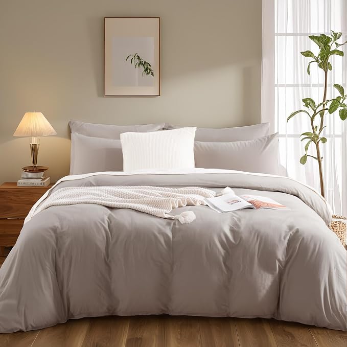 NEXHOME PRO Duvet Cover Set Twin Size Linen Look Textured Organic Natural 100% Washed Cotton Duvet Cover Linen Cream Grey 2 Pieces Bedding Set with Zipper Closure, Breathable (No Comforter)