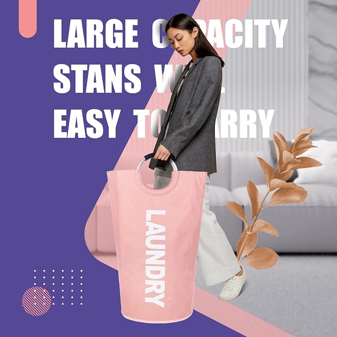 Caroeas 95L Pro Large Laundry Basket (13 Colors), Waterproof Laundry Hamper, Laundry Bag with Padded Handles, Clothes Hamper Stands Up Well, Collapsible Laundry Basket Easy Storage (Pink)