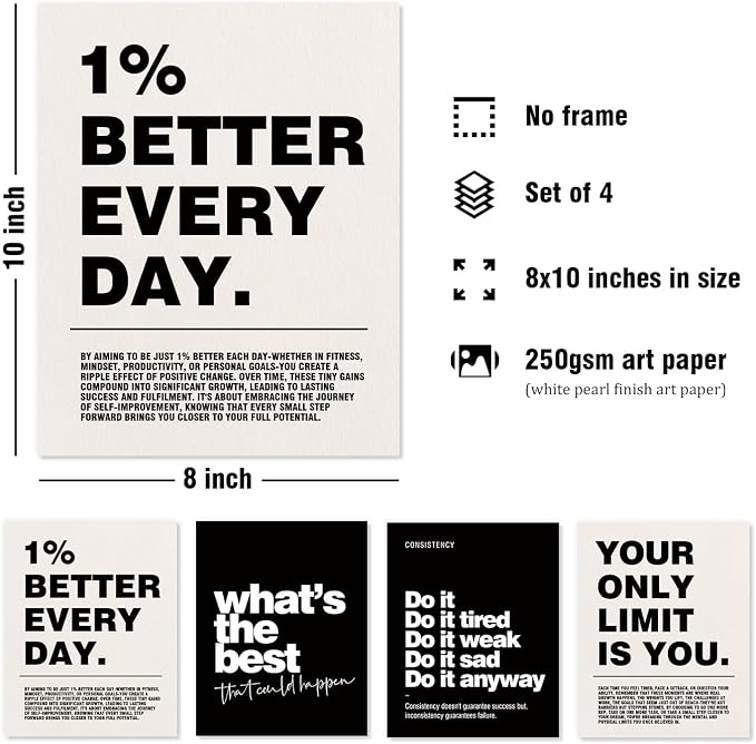 DSHFG Motivational Inspirational Office Wall Art Decor Prints Set of 4 | Black Office Motivational Wall Decor Trendy Retro Positive Affirmations Quotes Wall Decor Gym Posters, 8x10 Unframed