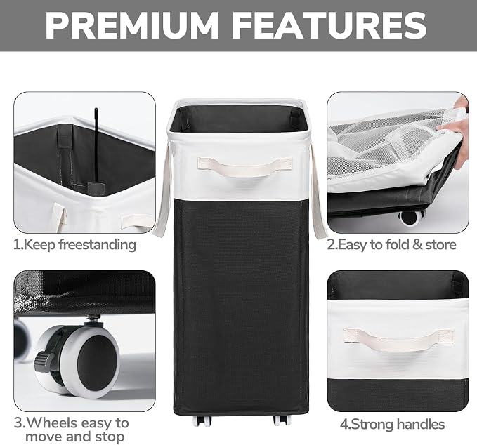Goodpick 2-Pack Rolling Laundry Basket with Wash Bag, Hamper for Dorm, 75L | Laundry Hamper with Wheels & Handles for Dirty Clothes, Clothes Hamper, Dorm Room Essentials, Black & White