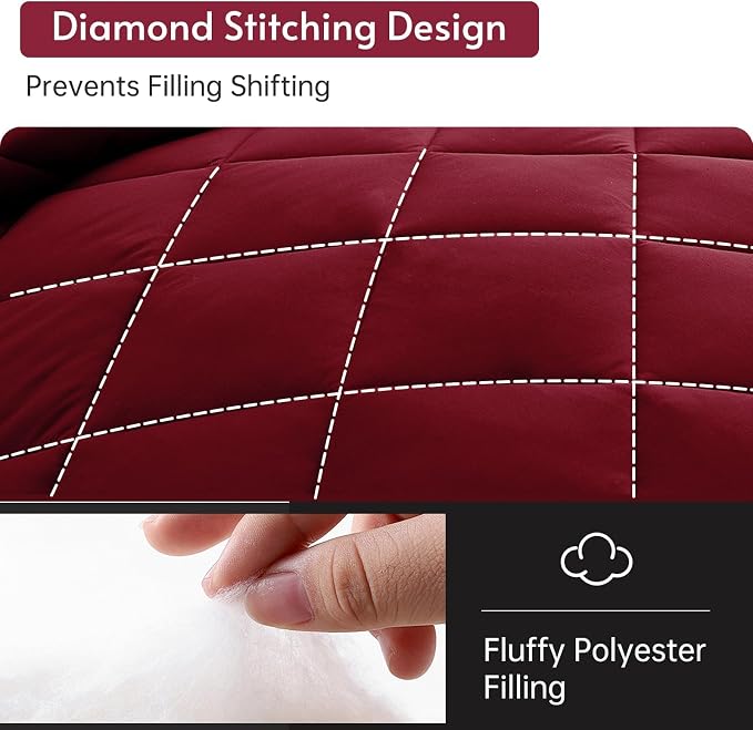 7 Pieces King Comforter Set, Reversible Bed in a Bag King Size, All Season Bedding Set with Comforter, Flat Sheet, Fitted Sheet, Pillowcases & Shams, Burgundy & Rose Gold