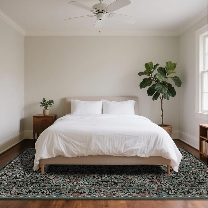 6x9 Washable Area Rugs for Living Room, Stain Resistant Vintage Rugs for Dining Room Under Kitchen Table, Bedroom, Floral Low Pile Non-Slip Large Carpet (6 x 9 Dark Green)