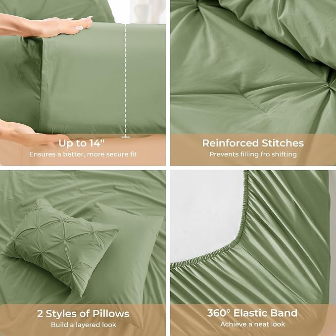 Sasttie Full Size Comforter Set, 7-Piece Bed in a Bag Double, Pintuck Bedding Set for All Season, Includes Comforter, Flat Sheet, Fitted Sheet, Pillowcases and Pillowshams, Pale Green