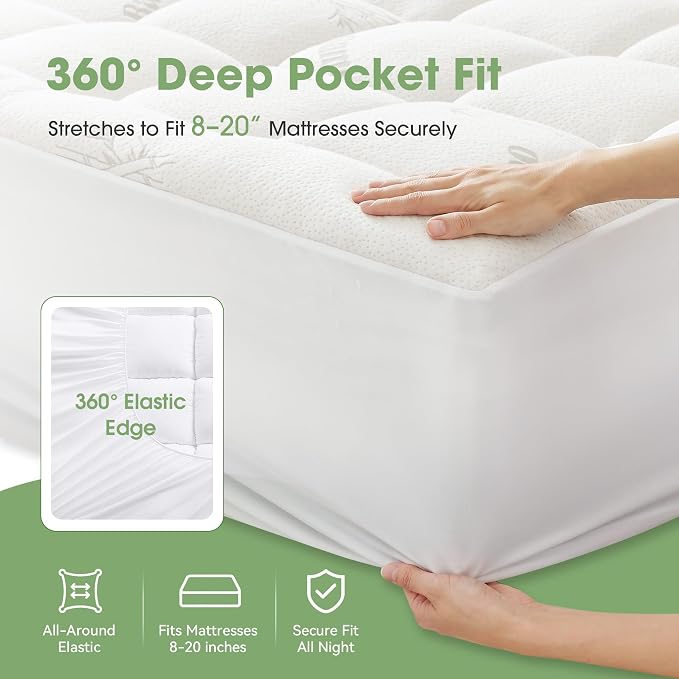 Mattress Pad Full Size, Cooling Pillow Top Mattress Topper, Ultra Soft Viscose Made from Bamboo, Breathable for Hot Sleepers, Deep Pocket 8"-20", White