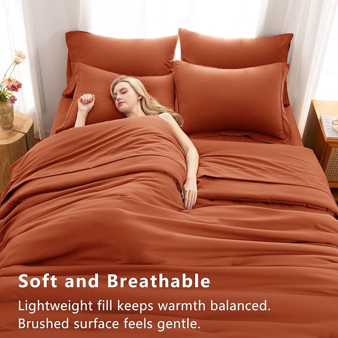 King Size Comforter Set Terracotta, 7 Pieces Bed in a Bag | OEKO-TEX Certified, All-Season, Bedroom, 240GSM Down Alternative Comforter, Flat & Fitted Sheets, 2 Pillowcases & 2 Shams