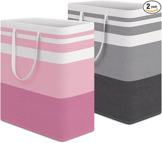 HomeHacks 2 Pack Laundry Baskets, Laundry Hampers Bags (Grey+Pink 100L) | Waterproof, Freestanding, Collapsible Clothes Hamper with Reinforced Handles in Laundry Room, Dorm, Bathroom, Bedroom