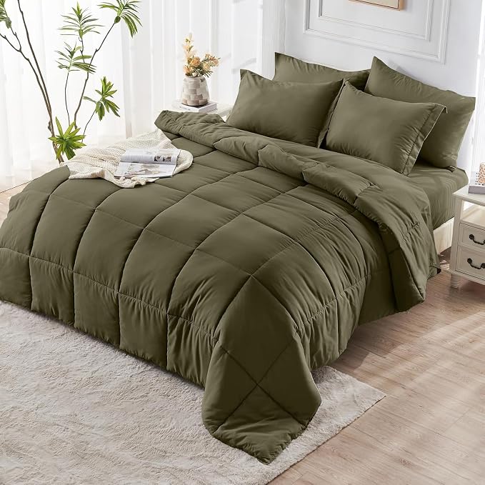 JOLLYVOGUE Full Comforter Set, Ultra-Soft Bed in a Bag Full Size 7 Pieces, Oeko-TEX Certified Bedding Set with Down Alternative Comforter, Sheets, Pillowcases & Shams, Olive Green