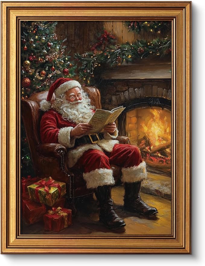VIYYIEA Vintage Gold Framed Wall Art for Living Room, Christmas Canvas Prints Home Decor, Oil Painting Picture, Bedroom Wall Decor Gifts for Friends or Family -【Santa Claus Reading 】-(16L x 12W)