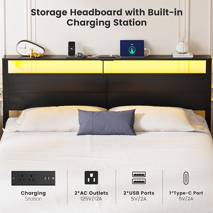 King Size Bed Frame with LED Lights and Charging Station | Black Metal Platform Bed with Wood StorageHeadboard, Sturdy Slats, No Box Spring Needed, Noise Free, Easy Assembly