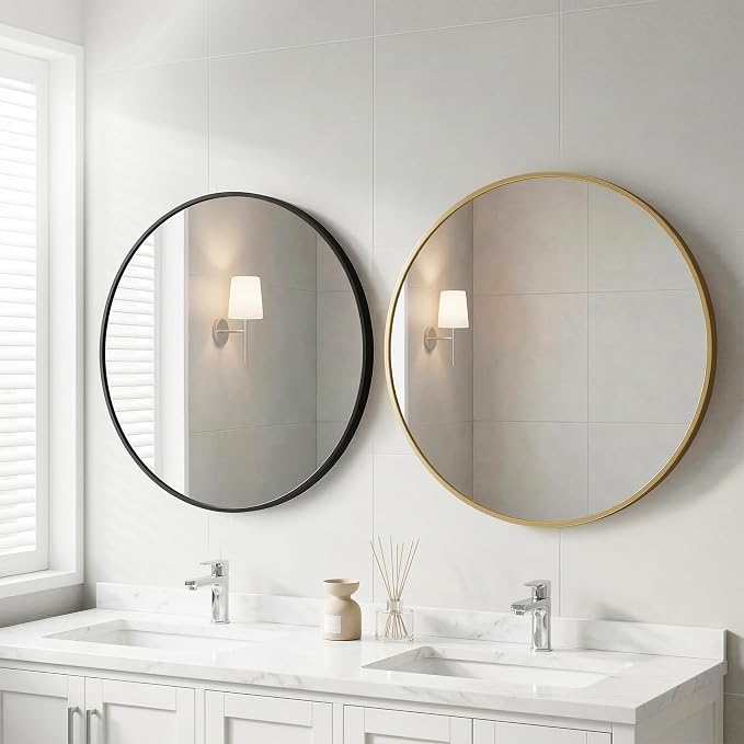 Sweetcrispy Round Bathroom Wall Mirror, Vanity Mirror, 30 Inch | Matte Metal Frame, Wall Mounted, Over Sink, Entryway Decor, Bedroom Decor, Gold