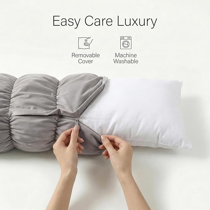 Pat. Pend. Full Body Pillow for Adults, 59 Inch, Zinc Gray | Segmented side sleeper pillow with a removable, washable soft velvet cover; long bed pillow for comfortable everyday use.