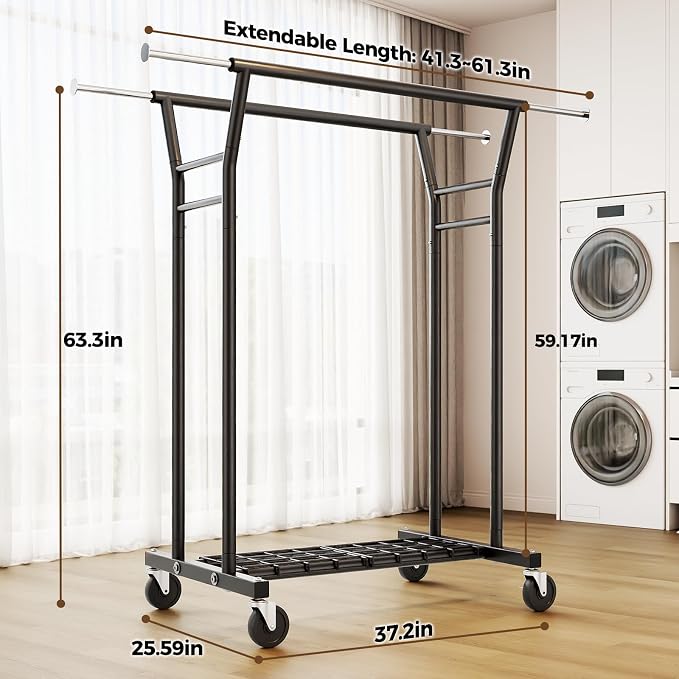 HYSEYY Heavy Duty Clothes Rack, Rolling Clothing Rack for Hanging Clothes with Shelves Load 700LBS,Portable Garment Wardrobe Closet Rack with Wheels for Bedroom,Laundry Room,Retail Store,Black