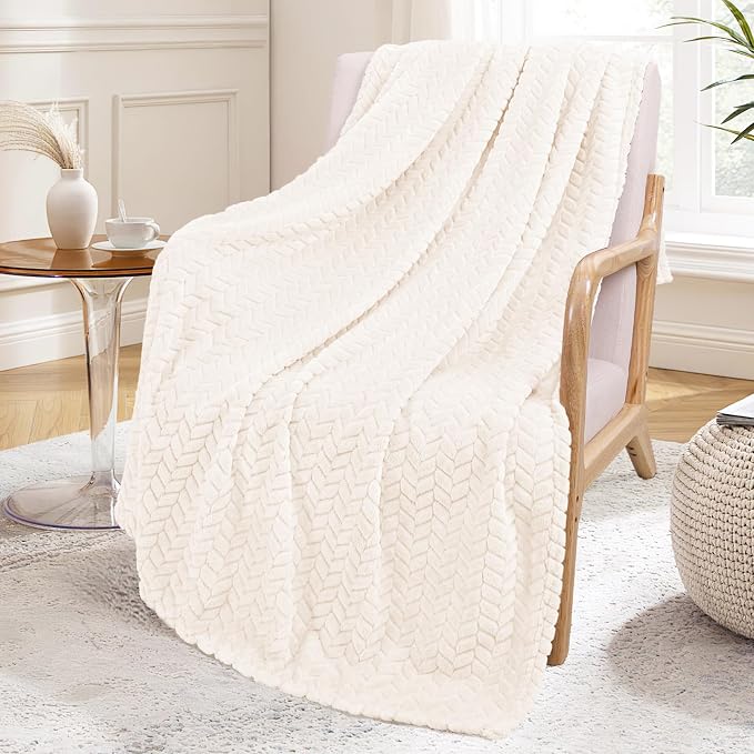 Exclusivo Mezcla Fleece Throw Blanket for Couch Sofa, 50”x70”, Off White | Oversized Soft Cozy Fluffy Blankets for Summer, Decorative Plush Flannel Throws for Living Room, Bedroom with Leaves Pattern