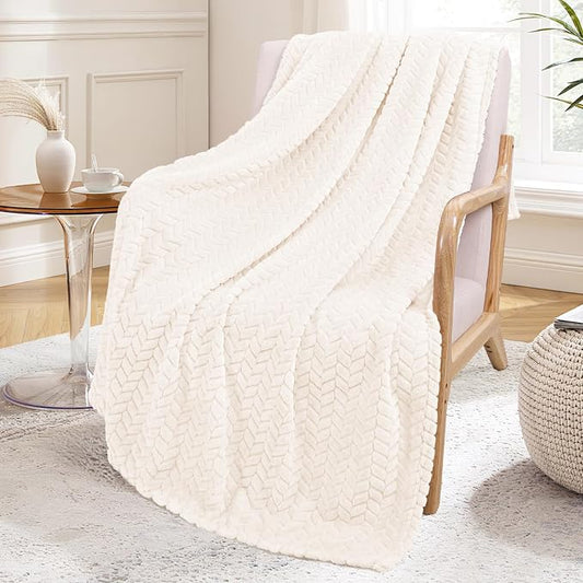 Exclusivo Mezcla Fleece Throw Blanket for Couch Sofa, 50”x70”, Off White | Oversized Soft Cozy Fluffy Blankets for Summer, Decorative Plush Flannel Throws for Living Room, Bedroom with Leaves Pattern