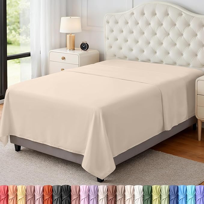 Twin Size Flat Sheet Only, Ultra Soft & Breathable Hotel Sheets, Beige | Hotel Bedding, Cooling Comfort, Smooth Feel, Wrinkle & Fade Resistant, Easy Care, Long-Lasting, Machine Washable, OEKO-TEX