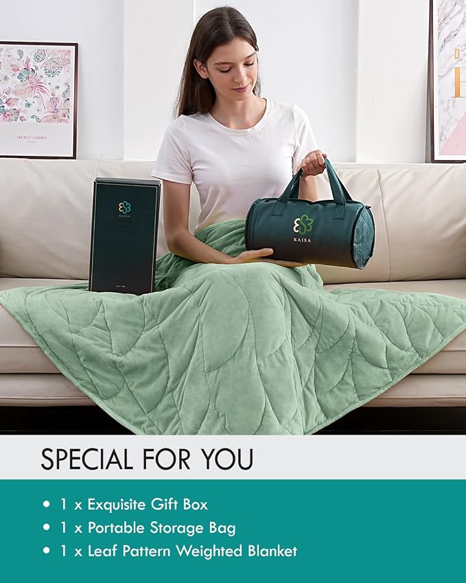 Weighted Lap Blanket for Adults, 7 lbs 41" x 53", Leaf Pattern, Sage Green | Washable Weighted Blankets, Small Portable Blanket for Relaxation, Cozy Luxury Crystal Velvet All-Season Heavy Blanket