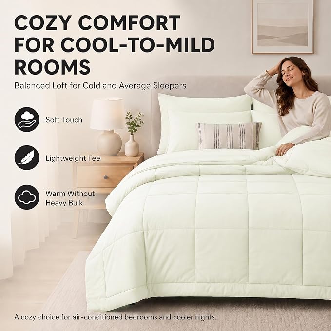 King Size Comforter Set Ivory - 7 Pieces Bed in a Bag | OEKO-TEX Certified, All-Season, Bedroom, Guest Room, Down-Alternative Comforter + Flat & Fitted Sheets + 4 Pillowcases