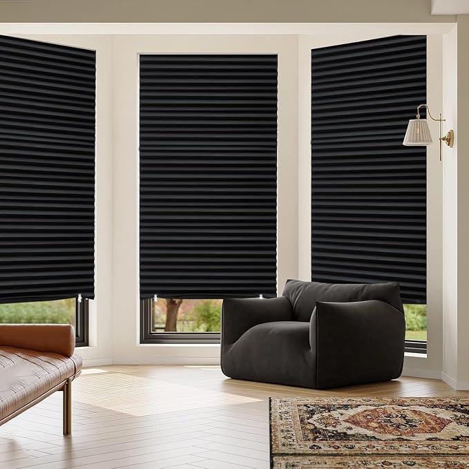 MYshade 12 Pack Temporary Blackout Paper Shades for Windows,Paper Pleated Blinds with Adhesive,No Tools No Drilling Free Cut Size Temporary Room Darkening Shades(Black, 48" W x 72" H)