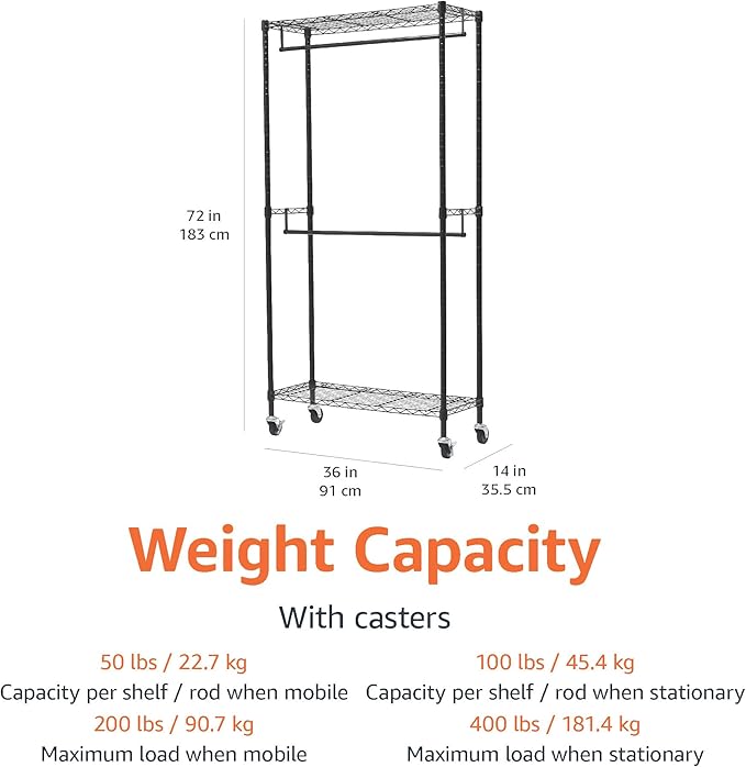 Amazon Basics Adjustable Double Rod Rolling Garment Rack, Hanging Clothes Closet Organizer with Wheels, Heavy Duty, 36" x 14" x 72", Black