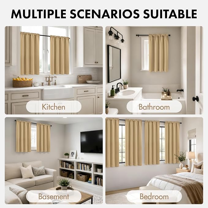 MIULEE 4 Panel Set Short Bedroom Blackout Curtains 54 Inch Long Dark Beige | Thermal Curtains for Summer Heat, Light Blocking Privacy Window Drapes, Top&Bottom Rod Pocket
