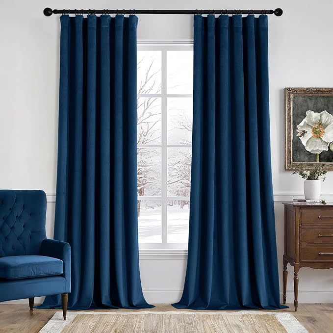 MIULEE Velvet Curtains 50W x 84L 2 Panels Navy Blue Blackout Curtains | Luxury velvet fabric, pinch pleat design, back tab hooks, thermal insulated, blackout light blocking, for living room bedroom