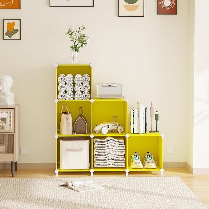 AWTATOS Cube Storage Organizer, 6 Cube Closet Storage Shelves, Yellow | Stackable Storage Cubes Shelf Bookshelf, DIY Portable Closet Organizer, Plastic Clothes Shelving for Bedroom, Home