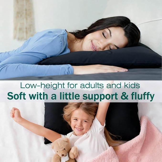 Flat Ultra Thin Bed Pillows Standard Size Pillow Set of 2 Extra Soft Down Alternative for Stomach Back Sleeper Black 20x26inches