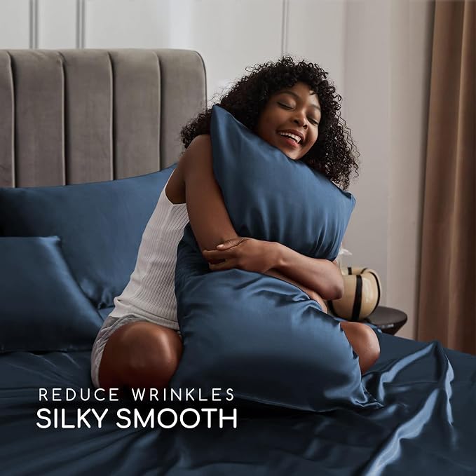 MR&HM Satin Sheets Full Size with Elastic Corner Straps, Mood Indigo | Similar to Silk, 4-Piece Silky Soft Bed Sheet Set, Gentle on Skin and Hair, 15" Deep Pocket, Cooling & Breathable