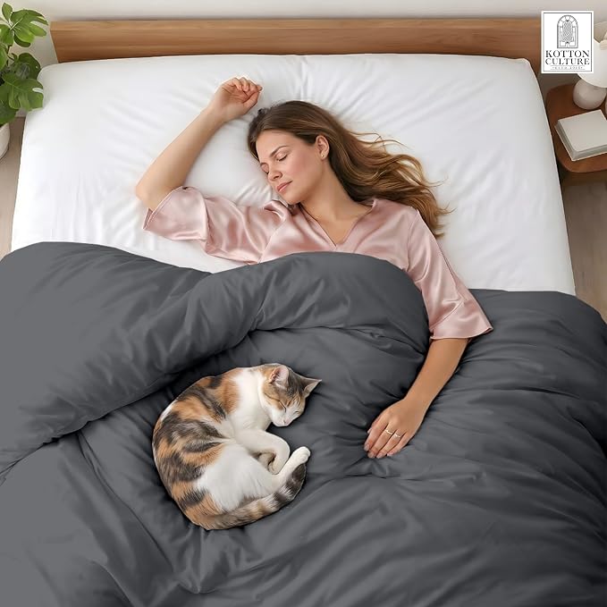 1 Pc Duvet Cover King Size-100% Egyptian Cotton 600 Thread Count Ultra Soft Premium Durable Comforter Cover Zipper Closure & Corner Ties - (Grey, 104" X 94")