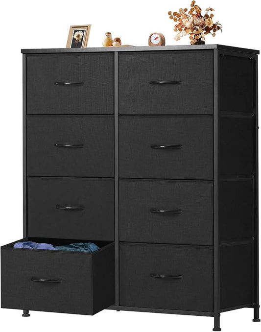 OLIXIS Black Dresser for Bedroom Tall, 8 Storage Fabric Drawers for Closet | Large Dresser for Closet, Chest of Drawers with Metal Frame Wooden Top for Nursery, Living Room, Light Gray