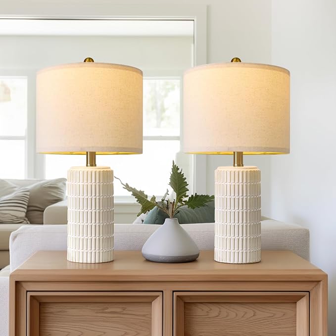PoKat 20.75" Small Modern Ceramic Table Lamps Set of 2 for Bedroom, White | Bedside Lamps for Nightstands, Farmhouse Home Decor, End Table & Desk Light, Ideal Housewarming New Home Gift for Women Mom