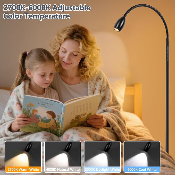 Reading Floor Lamp, 72" LED Dimmable Lamp with Gooseneck,Zoomable Spotlight | Adjustable Color Beam Standing Lamp, Touch & Remote Control, for Task Craft, Sewing, Bedroom Living Room, Office, Matte Black