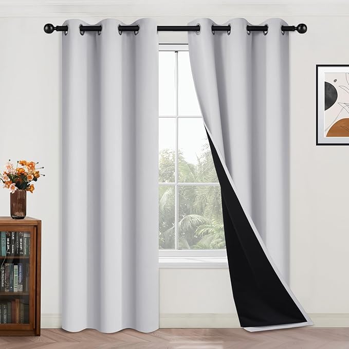 Yakamok Greyish White 100% Blackout Curtains 84 Inches Long, 2 Thick Layers | Blackout Curtains for Bedroom/Living Romm Full Light Blocking Soft Thermal Insulated Drapes for Bedroom 42" Wide Each Panel