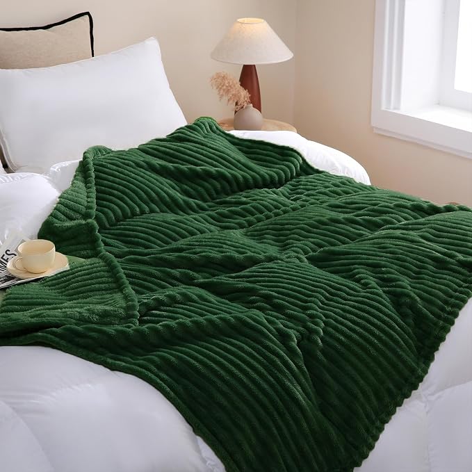 Green Fleece Throw Blanket 50”×60” for Couch Sofa Livingroom | Super Soft Cozy Plush Microfiber Flannel Bed Blanket Striped Design Lightweight Home Decor Gifts for Adults Mom Women