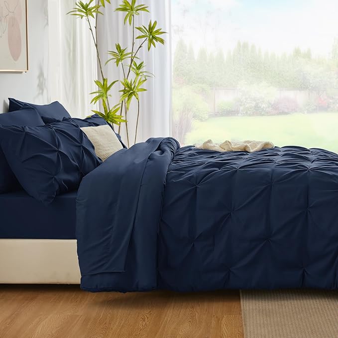 HIMEET Twin Comforter Set Navy Blue - 5 Pieces Pintuck Bed in a Bag | OEKO-TEX Certified, 240GSM Down Alternative Comforter, 14" Deep Pocket Fitted Sheet + Flat Sheet + 1 Pillowcase + 1 Sham