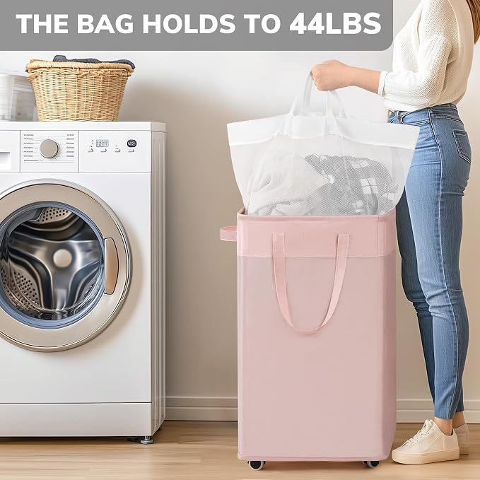 Goodpick 75L Laundry Hamper with Wheels, Dorm Room Essentials for Girls | Rolling Laundry Basket with Handles for Dirty Clothes, Fodable Hamper for Laundry Room, College Dorm, Pink