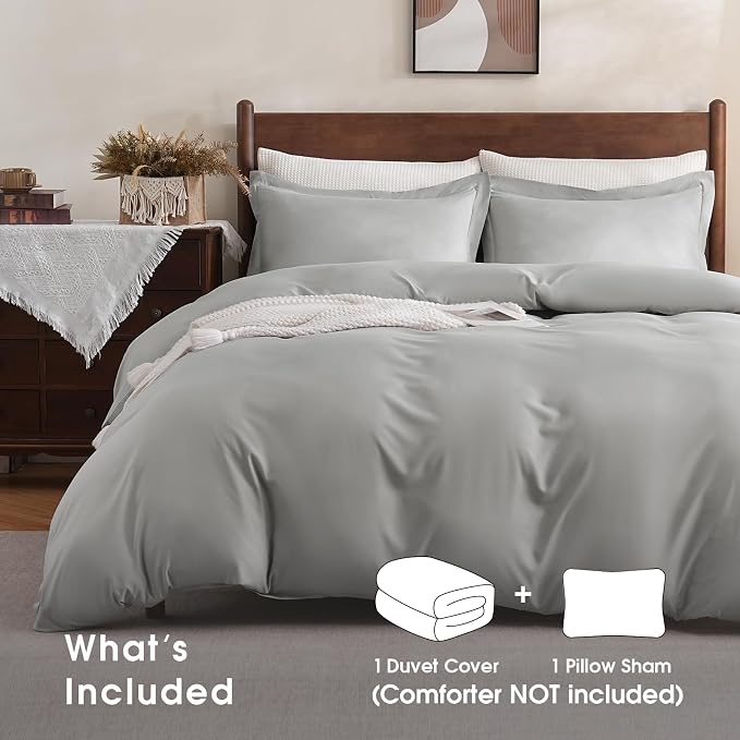 FreshCulture Twin Duvet Cover - 2 Pieces Microfiber Duvet Cover Set with Zipper Closure - Lightweight & Easy Care - 1 Comforter Cover & 1 Pillow Sham - Comforter Not Included (Light Grey)