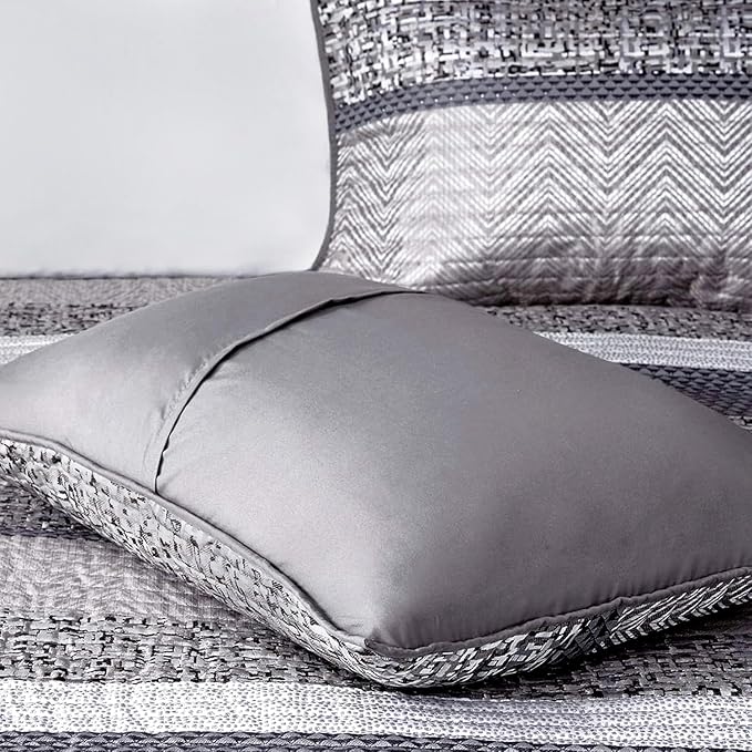 Madison Park Lustrous Jacquard Grey/Taupe Queen Quilt Set, 6pc | All Season Bedding Set, Glitter Accent Coverlet Set, Machine Washable, Cozy, Breathable, Soft, Modern, Casual