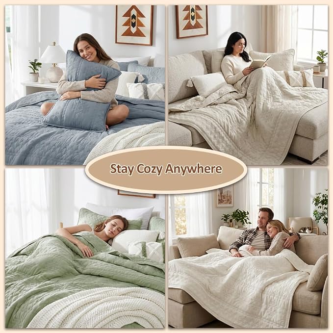 WDCOZY Boho Blue Grey Quilts Queen Size Bedding Sets with 2 Pillow Shams, Farmhouse Lightweight Soft Bedspread Coverlet for All Season, 3 Pieces, 90x90 inches