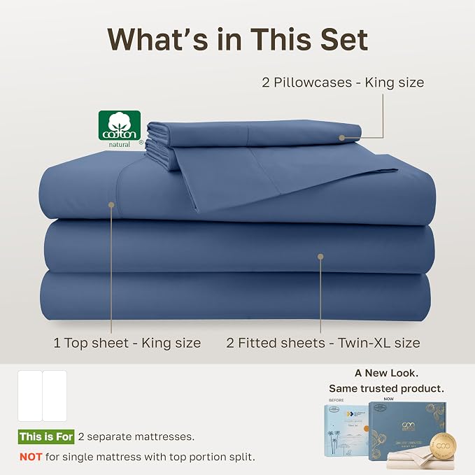 California Design Den Softest 100% Cotton Sateen 5 Pc Split King Sheets Set | 500 Thread Count with Good Housekeeping Seal, Split King Sheets Sets for Adj. Bed with 2 Sep. Twin-XL Mattresses - Denim Blue