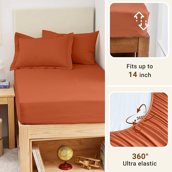 5 Pieces Twin XL Comforter Set, Soft Bed in a Bag Twin XL Size, All Season Bedding Set with Comforter, Flat Sheet, Fitted Sheet, Pillowcases & Shams, Burnt Orange