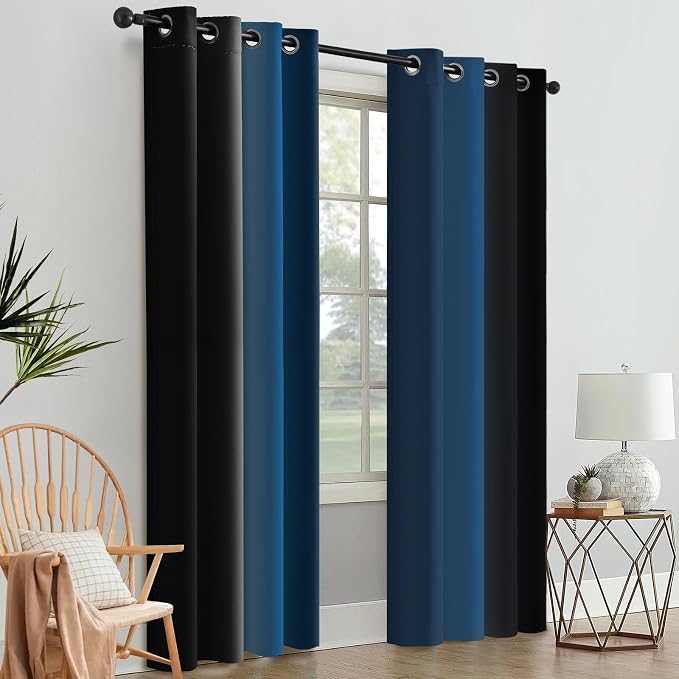 SimpleHome Ombre Blue and Black Room Darkening Curtains 84 inches Length | Bedroom Curtains,Grommet Gradient Light Blocking Window Curtains for Living Room,Thermal Insulated Drapes 2 Panels,52wx84L
